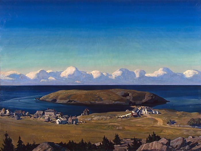 Monhegan is a rocky island with a small, natural harbor, located off the coast of Maine. Painting by Rockwell Kent