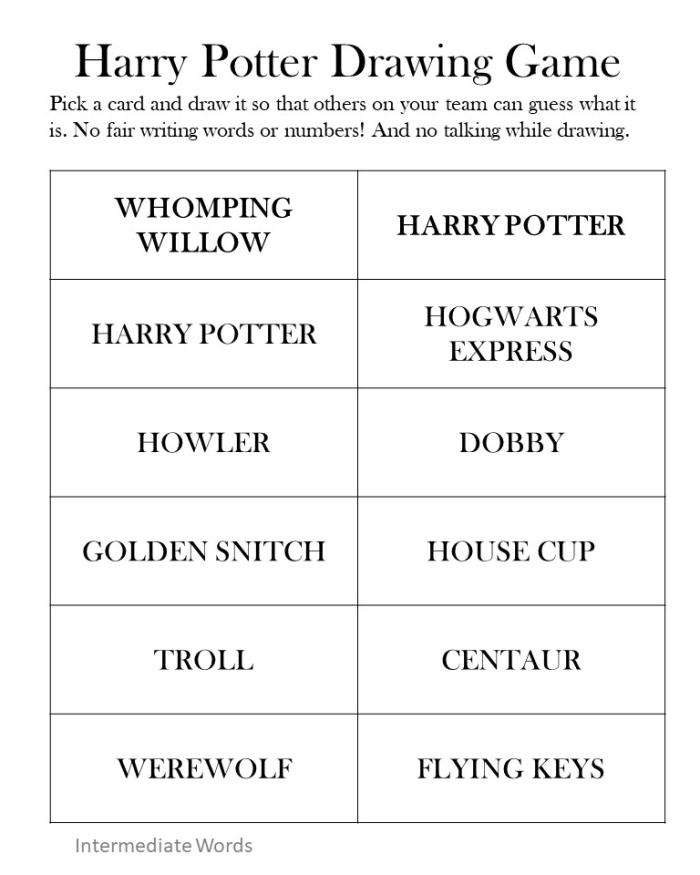 Harry Potter Drawing Game - Intermediate Level. See the link at the end of the article to print a pdf version.