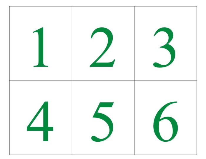 Numbered cards 1-6 for the narrator to hold up. Print on card stock, cut, and attach to rods or Popsicle sticks.