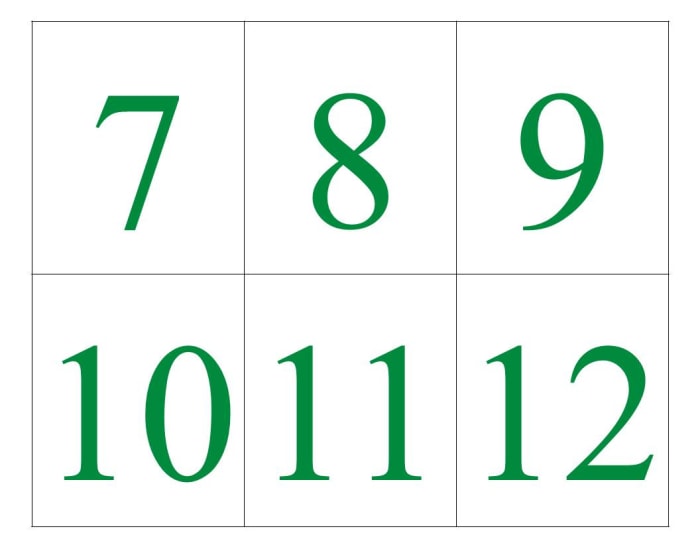 Numbered cards 7-12 for the narrator to hold up. Print on card stock, cut, and attach to rods or Popsicle sticks.