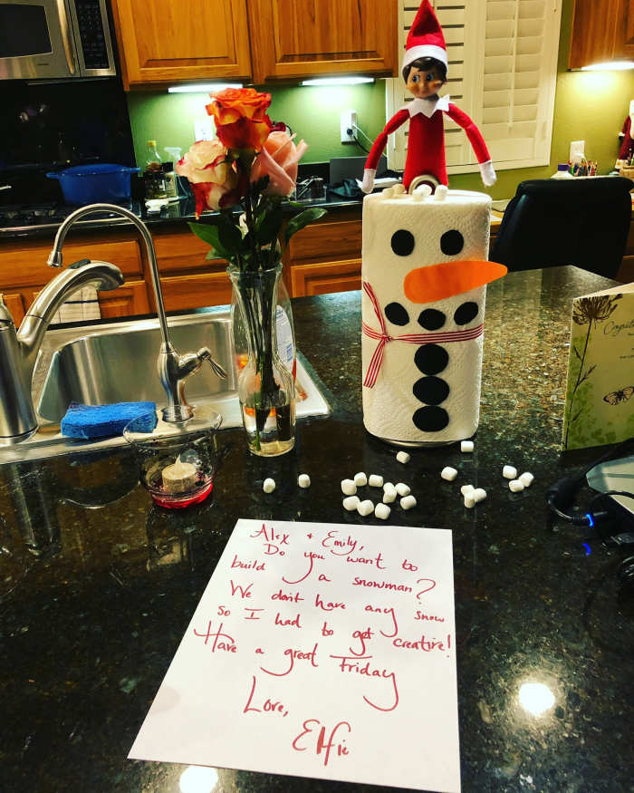 This is another really easy idea. I used a paper towel roll and some colored paper for the snowman, plus a ribbon that I had in the bin of wrapping paper supplies. Add a cute note and some mini marshmallows and you're done!