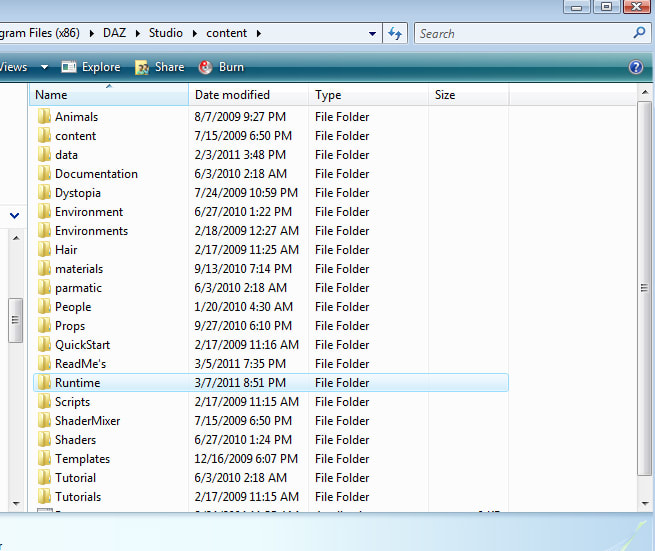 This is what the inside of your DAZ content folder looks like. It's in here where you will paste the 'runtime' folder from the zip folder you downloaded. It will automatically put all of its files into the DAZ runtime folder.