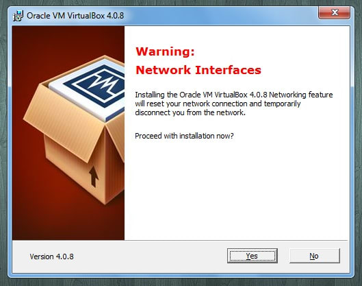 This just warns you that you will be temporarily disconnected from the Internet while VirtualBox is installing