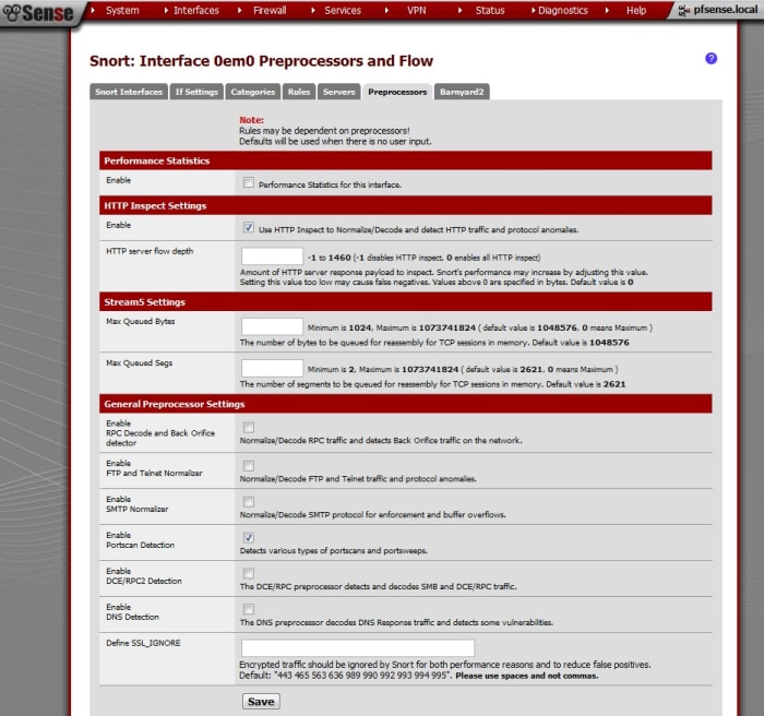 There are some important settings on the preprocessor and flow page that must be configured for each interface.