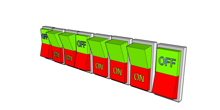 Conceptual idea of how the state of a bank of eight switches allows the "storage" of 2 to the power of 8 = 256 possible numbers