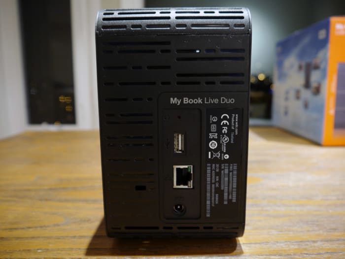 The back shows a power port, a USB port (for connecting another external USB drive), and an ethernet port (for far faster transfers than through your Wifi router).