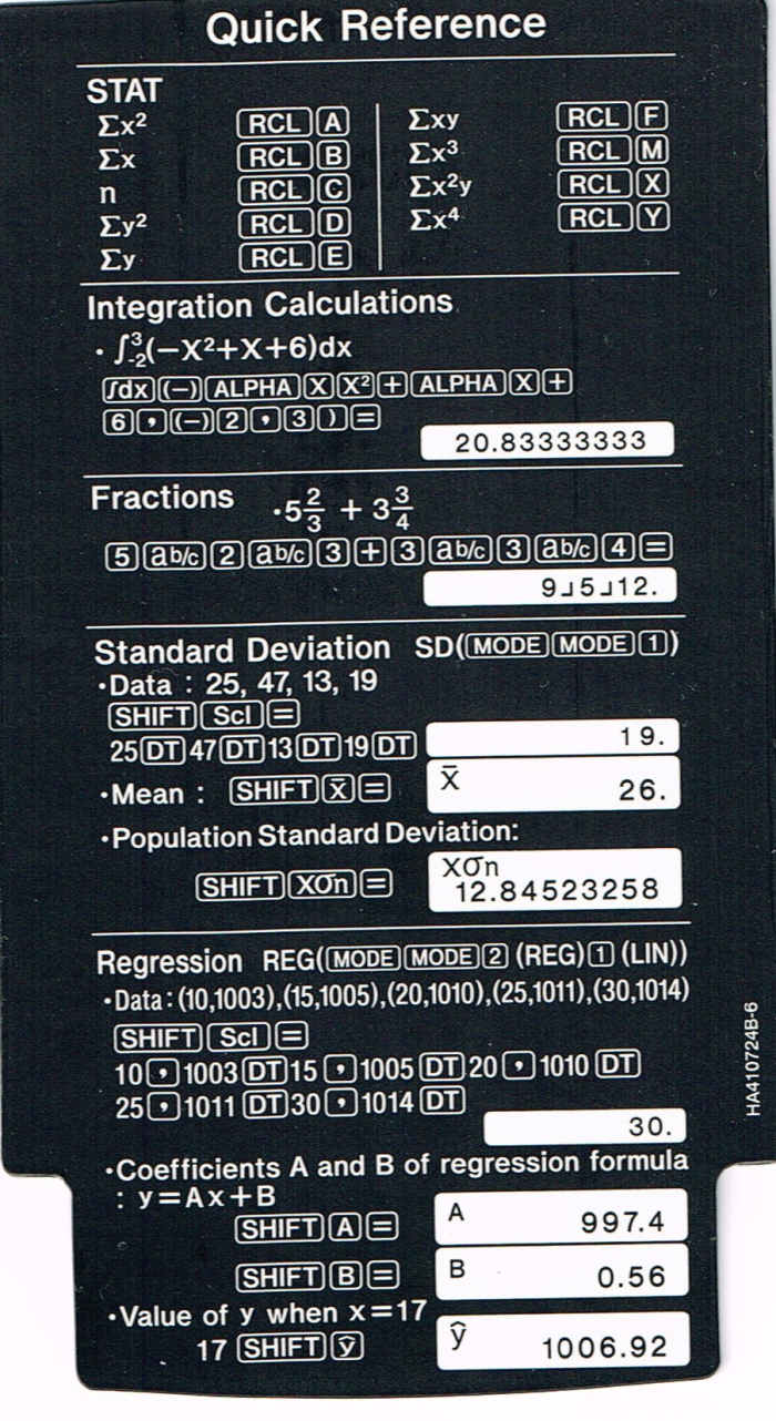 The Casio fx-115 includes an insert inside the cover which details step-by-step the keystrokes for calculus integrations, statistics, and a regression.