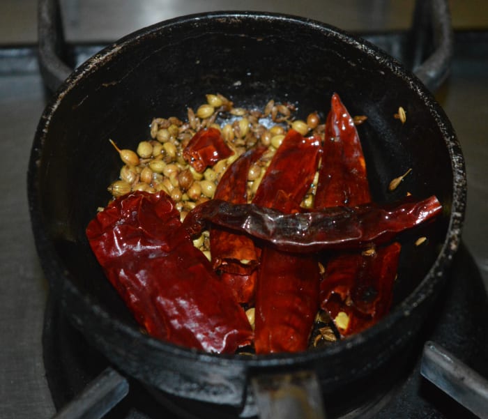 Step one: Saute cumin seeds, coriander seeds, and broken dry red chilies in some oil as per instructions. Turn off the heat and transfer the mixture to a mixer jar.