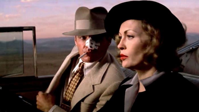 Dunaway (right) is deliberately reminiscent of legendary femme fatales of the past like Lauren Bacall and fits perfectly into the style of the picture.