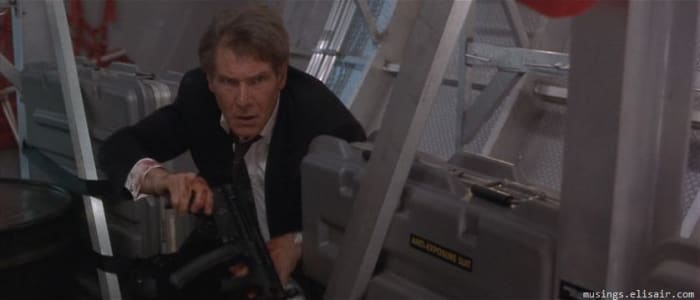 The film itself is pretty formulaic but never escapes the insanity of Ford's US President gunning down bad guys with a machine gun.