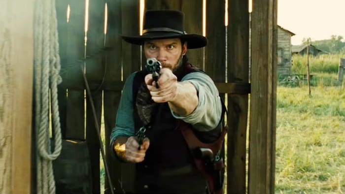 Pratt guns for a victory by not flopping as much. In The Magnificent Seven, his character is the counterpart of Steve McQueen's in the original 1960 movie.
