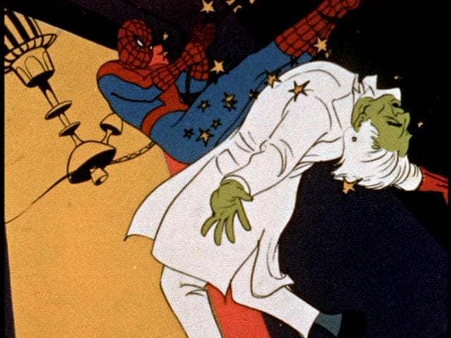 Spidey kicking the Master Technician, one of the original villains created in season 2, and an example of the show's many green-skinned creations.