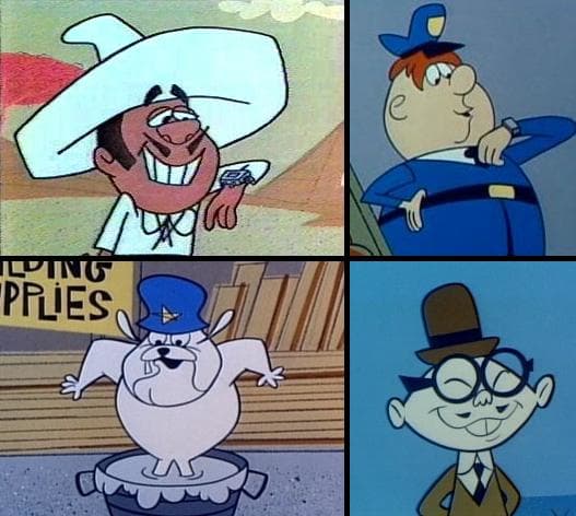Dick Tracy's four assistants who do the majority of the work for him in this series (Clockwise: Go-Go Gomez, Heap O'Calorie, Joe Jitsu, Hemlock Holmes)