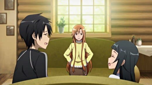 Kirito, Asuna and Yui enjoying happy times in their lakeside cabin in the Sword Art Online story arc