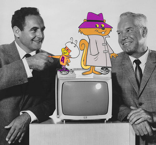 A publicity image of William Hanna (right) and Joseph Barbera (left) with Atom Ant and Secret Squirrel