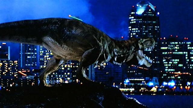 Eventually, the film gives us a T-Rex roaming around a modern city but it's a long and convoluted path to get there.