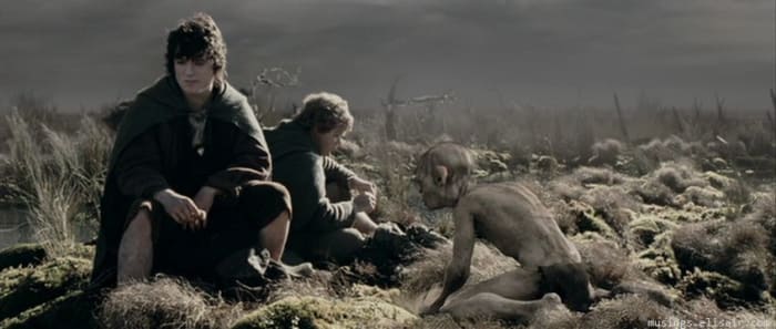 Frodo, Sam and Gollum make their way through the Dead Marshes in "The Lord Of The Rings: The Two Towers"