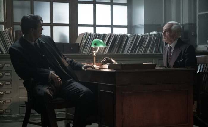 Max Irons and Terrence Stamp as Detective Charles Hayward and Chief Inspector Taverner in Crooked House (2017)