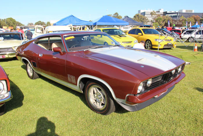 The 1974 Ford Falcon XB, similar to the car Bana owned and raced. A modified version of the car won Australia's Touring Car Championship in '76 and '77.