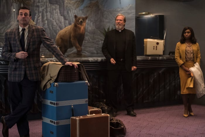 Jon Hamm, Jeff Bridges, and Cynthia Eriva as Seymour 'Laramie' Sullivan, Father Daniel Flynn, and Darlene Sweet in, "Bad Times at the El Royale."