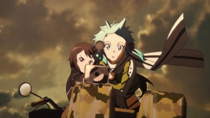 Kirito helps Sinon gain confidence and shoot at Death Gun, all while they glide on a motorcycle mid-air.