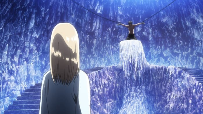 A chained and confused Eren chained in the mysterious crystal cave, with only the sight of a distraught and equally confused Historia before him.