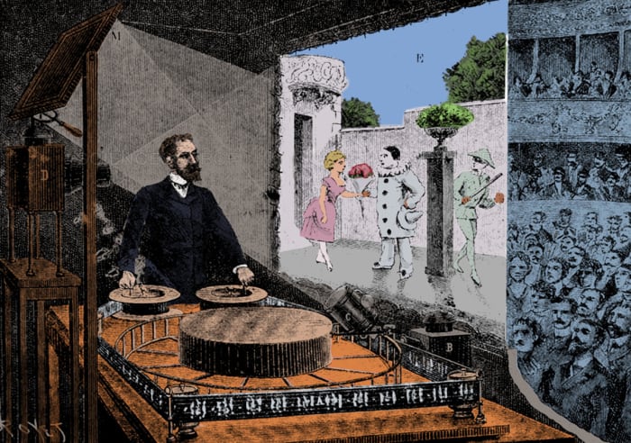 Reynaud's "Theatre Optique" invention, which used used two projectors, projecting animated drawings onto a background.