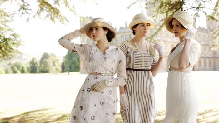 The Crawley sisters. Jessica Brown Findlay as Lady Sybil Crawley, Michelle Dockery as Lady Mary Crawley, and Laura Carmichael as Lady Edith Crawley.