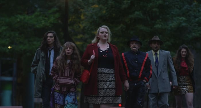 Robin L'Houmeau, Cyndy Nicholsen, Debbie Lynch-White, David Roche, E.R. Ruiz, and Alison Midstokke in, "Happy Face."