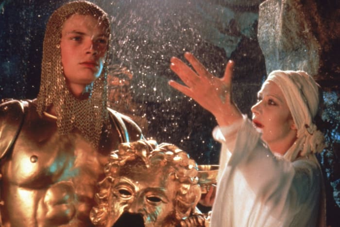 Morgana (Helen Mirren) casts a spell to make Mordred (Robert Addie) invulnerable to any blade forged on Earth