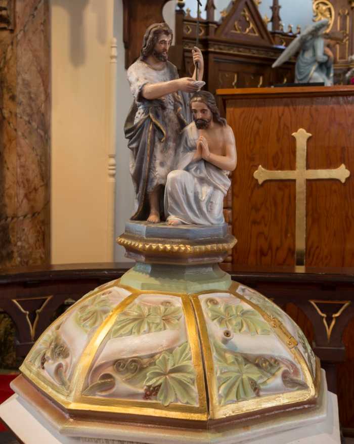 Baptismal font of the Nativity of Mary, Blessed Virgin Catholic Church, also known as the St. Mary Catholic Church, in High Hill, a little community near Schulenburg in Fayette County, Texas
