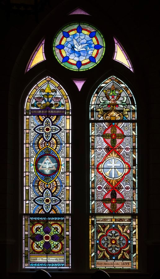 Stained-glass window at the Nativity of Mary, Blessed Virgin Catholic Church, also known as the St. Mary Catholic Church, in High Hill, a little community near Schulenburg in Fayette County, Texas