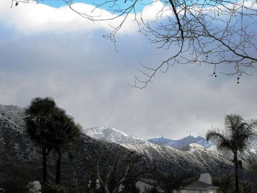 A rare dusting of snow on the foothills above Route 66 in La Verne. Feb. 10, 2010. The "L" is clearly visible.