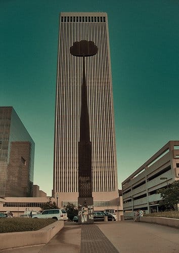 Downtown Tulsa Treasures: The Artificial Cloud is dwarfed by downtown Tulsa's tallest skyscraper, the BOK Tower. The Bank of Oklahoma Tower is a much smaller version of one of the twin towers of NYC's World Trade Center, and was actually designed by