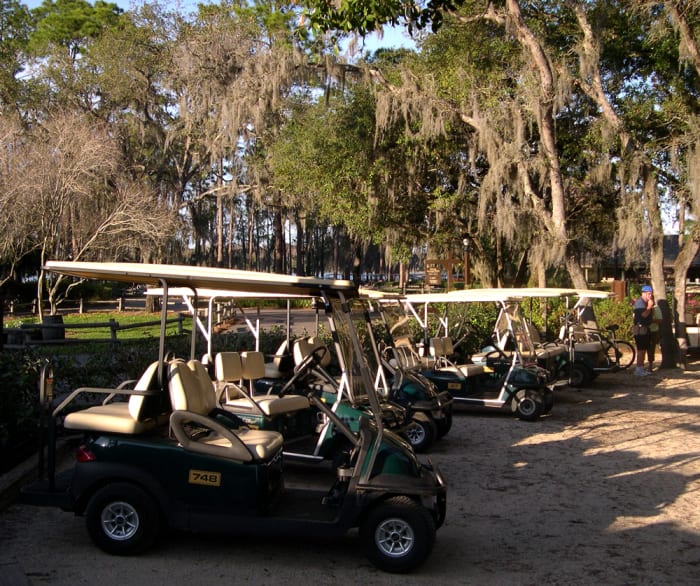 Golf cart parking is found throughout the resort, including at the cabins - most locations include power outlets to charge the battery while you're away.