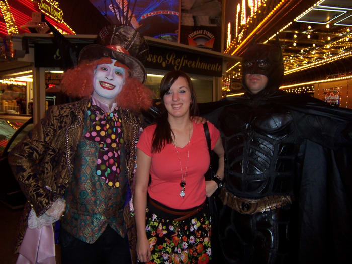 Meet the Mad Hatter and Batman—two of the many characters you can meet and have your photo taken with on Freemont Street in downtown Las Vegas.