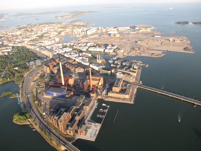 Overhead view of Helsinki West Harbour. From here it is only a three hour ferry journey to Tallinn in Estonia.