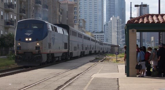 Amtrak's Texas Eagle with Superliner cars pulls into a station in Austin, Texas, in June of 2011.
