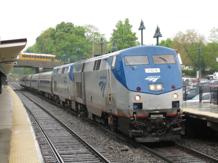 An Amtrak train pulls into a station in Poughkeepsie, New York, en route to Albany-Renssalaer in 2008.