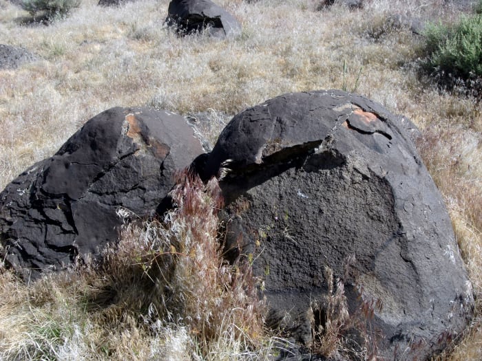 Although cracked and weathered, the rocks are rounded from being washed and rolled by water.