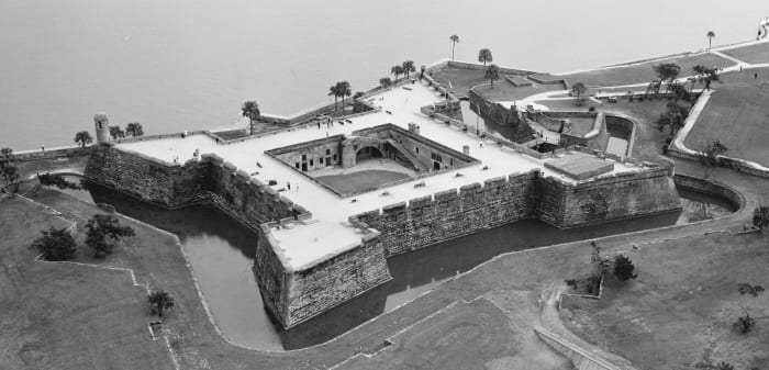 An aerial view of the fort. It is constructed from a stone called coquina, which is Spanish for "small shells", essentially ancient shells that have come together to form a kind of stone similar to limestone. The fort took 23 years to build.