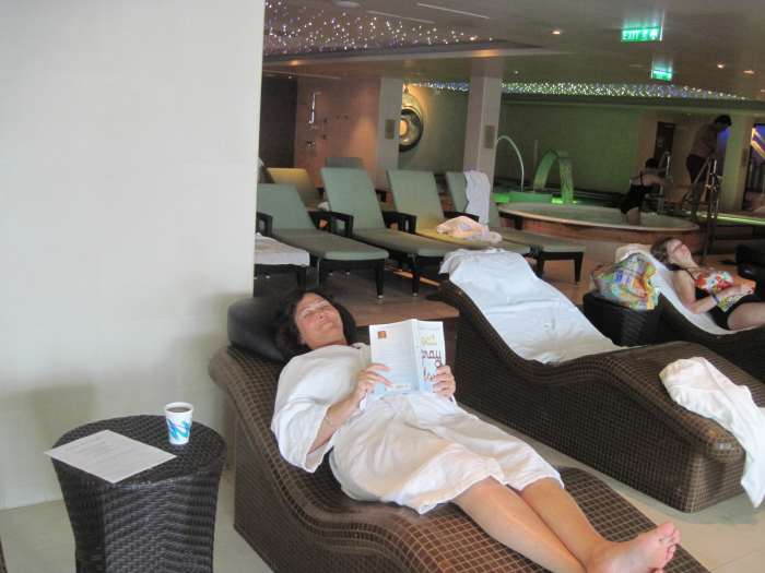 Reading a book in the heated tile relaxation chairs in the co-ed spa. I now know why lizards like to lie on warm rocks in the sun! It's Heavenly.