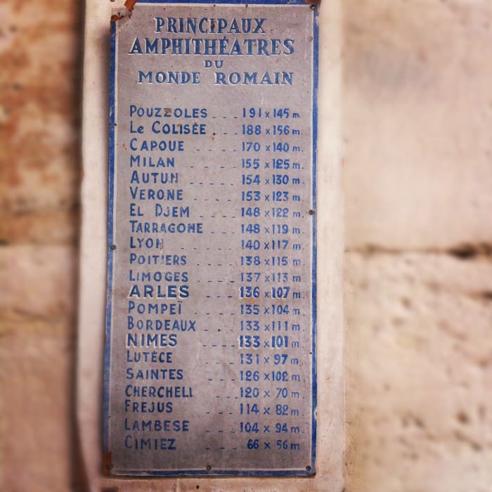 This plaque, just inside the entrance, shows that the Arles Amphitheater was the 12th largest in ancient Rome.