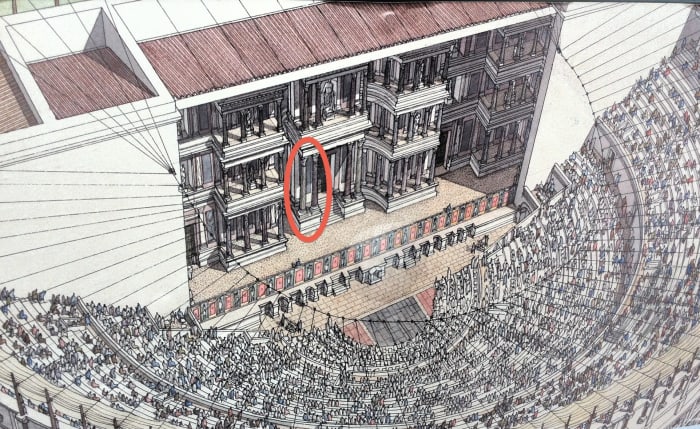 This illustration shows the original theater in the times of the Roman Empire. The two columns circled in red are all that remain of the ornate stage.