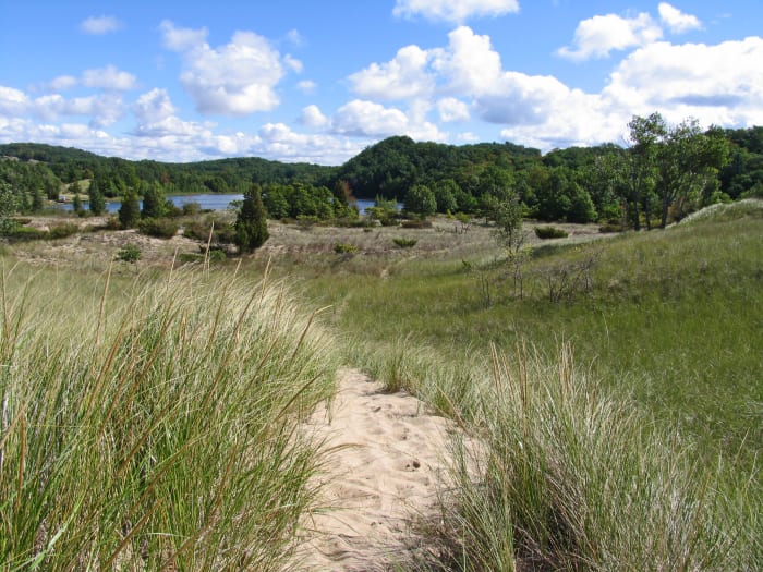View point from dune formation where the Kalamazoo River mouth was filled in during the early 1900s creating Lake Oxbo seen in the background