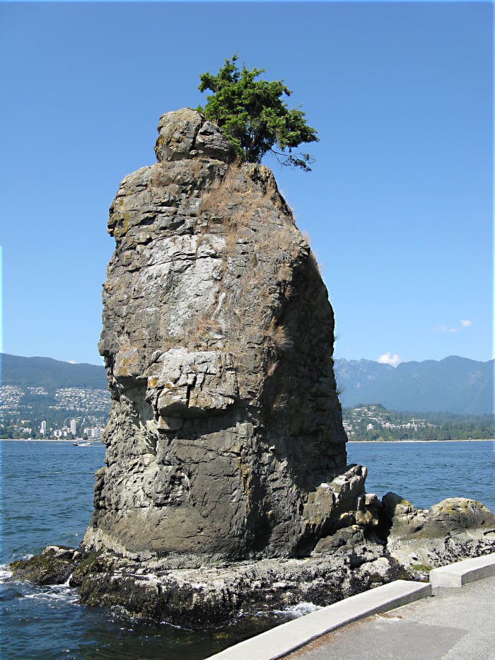 The Siwash Rock is an ancient seastack with a Douglas fir tree growing on top. It's located in Stanley Park by the seawall path.