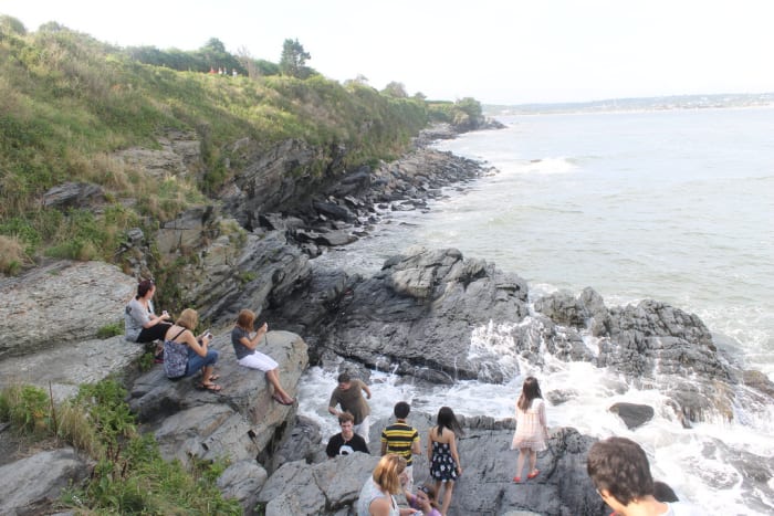 You can climb the rocks, but be careful. If you injure yourself, is will be difficult for crews to rescue you because many potential exits are locked. This is all private property.