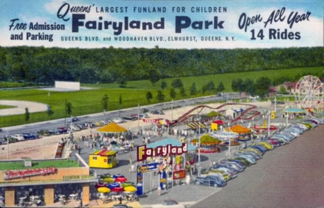 An advertisement for Fairyland just after it's move to Queens Blvd. Notice the woods behind the amusement park, soon to be replaced with apartment buildings. The baseball field is still there.