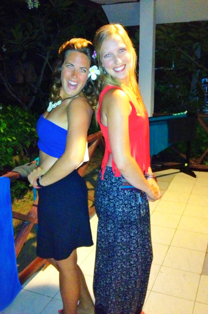 Dressed in Thai-bought clothes the night of the full moon on Koh Phi Phi. Local jewelry and fresh flowers as accessories.