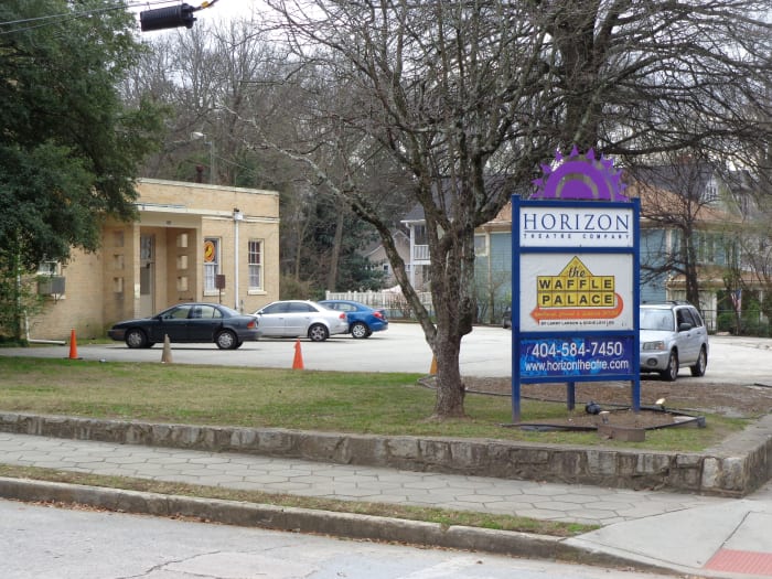 Horizon Theatre's main sign, on the corner of Austin Ave and Euclid. (View of sign here is from across Austin Ave; Euclid is out of frame to the right.) Photo by author.